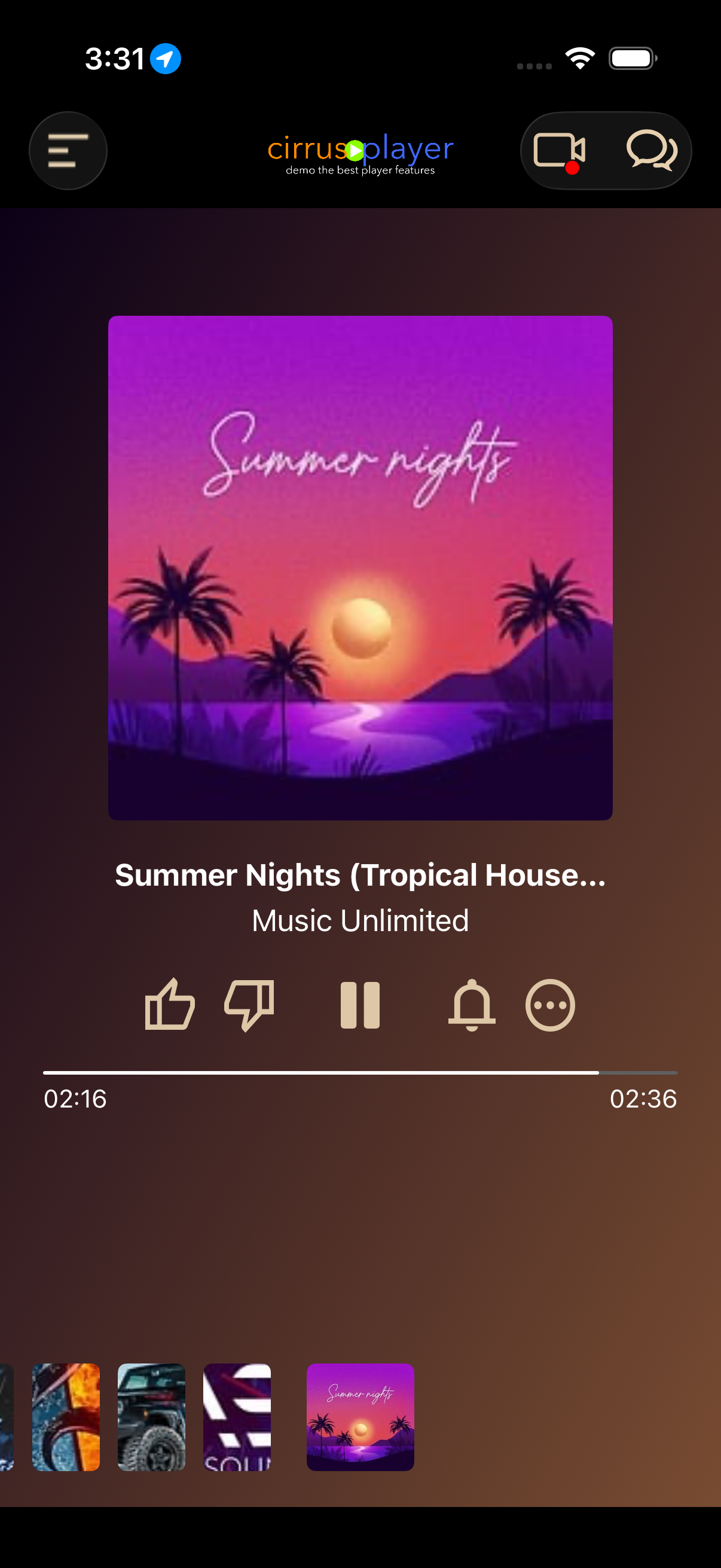 Cirrus mobile app now playing screen showing Summer Nights song with album art, playback controls, like/dislike buttons, and song progress bar